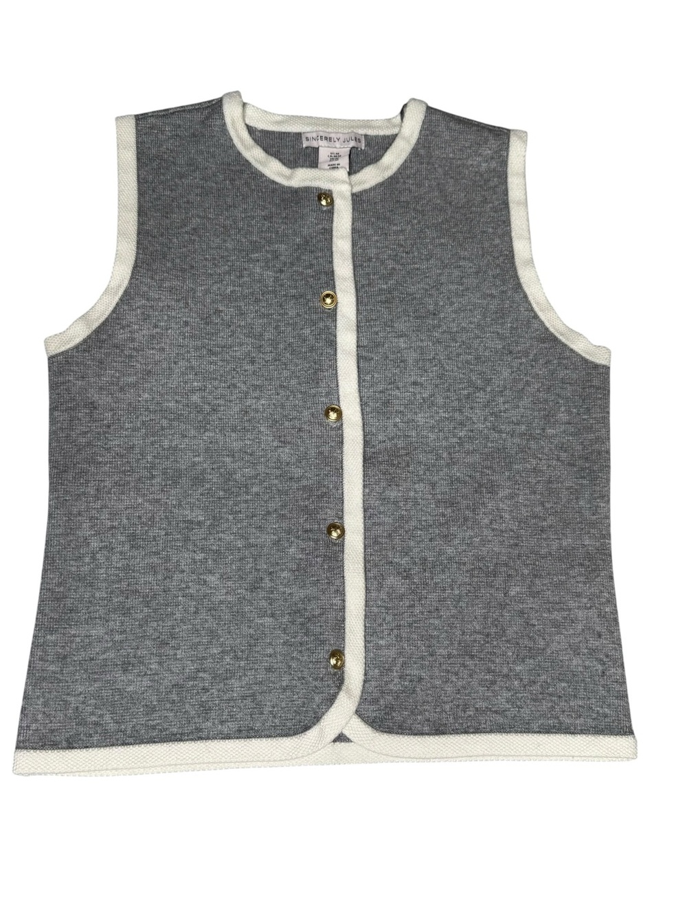 Sincerely Jules Gray Knit Sweater Vest Cream Trim Gold Buttons ST23248 Small